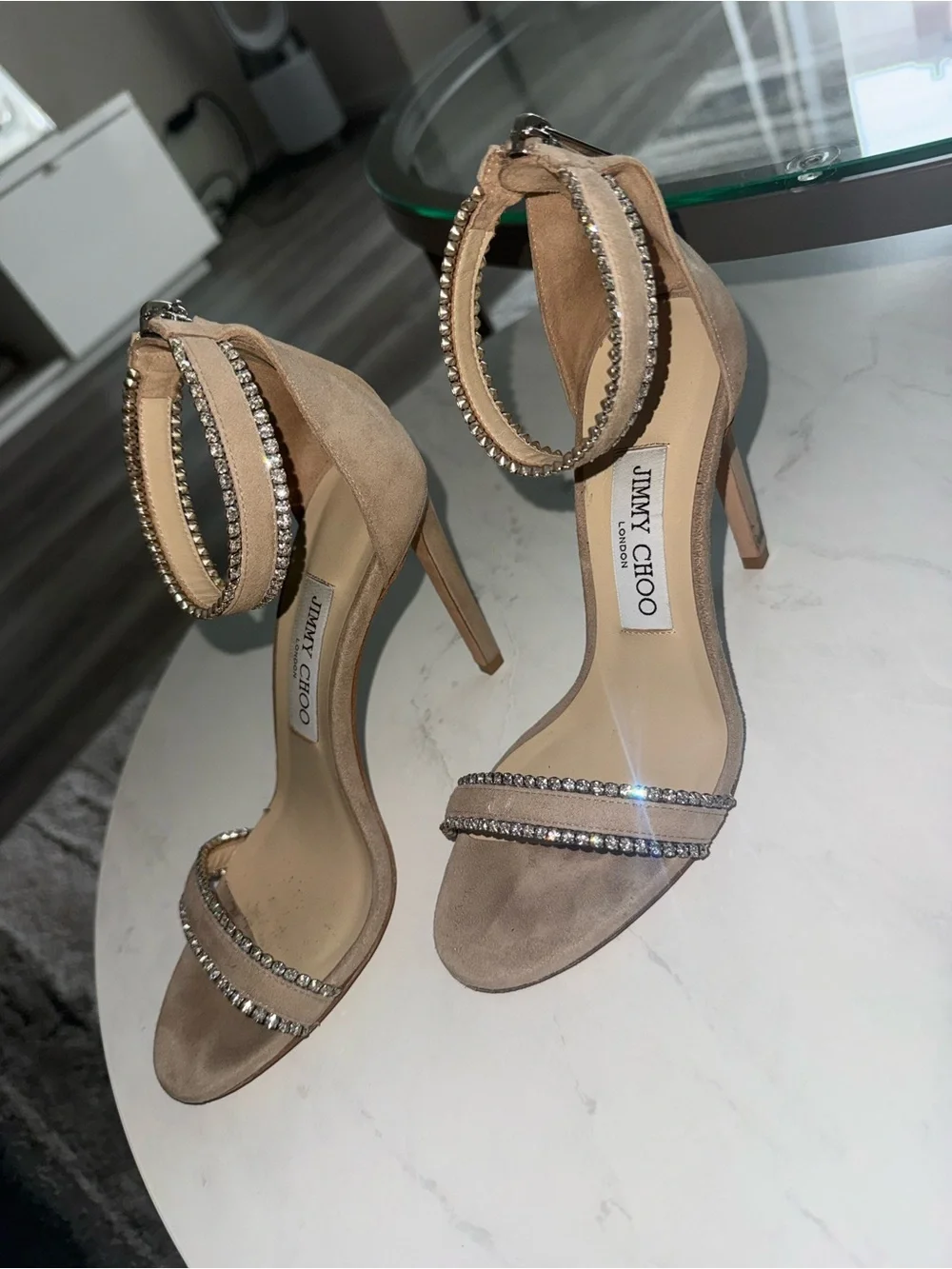 Jimmy Choo Taupe Suede Crystal-Ankle Strap Heels